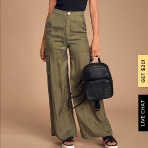 GABBIE OLIVE GREEN SATIN WIDE-LEG CARGO PANTS